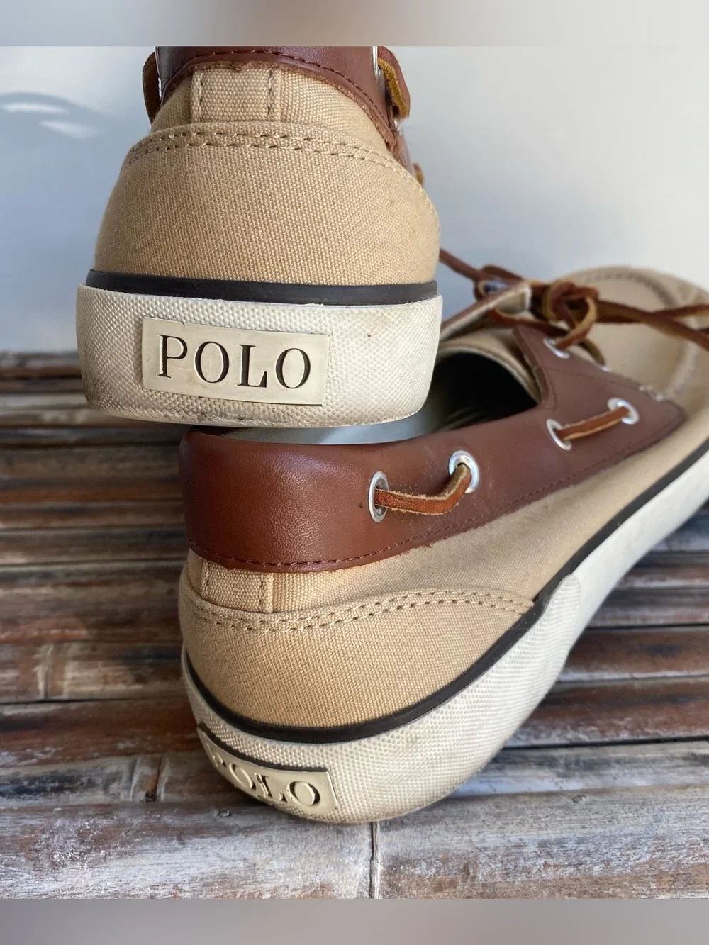 Mens POLO Ralph Lauren tan canvas leather Rylander boat shoes preppy casual 10